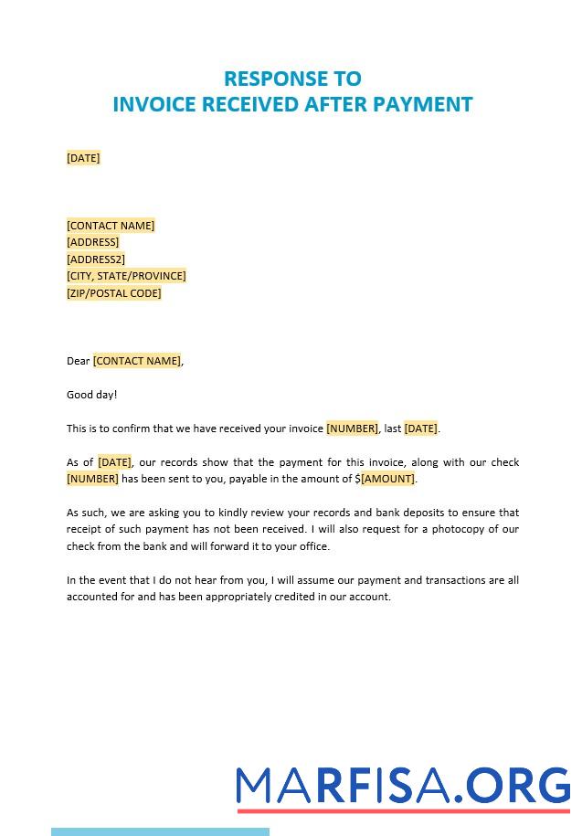 Printable Free Response to Invoice Received after Payment Template